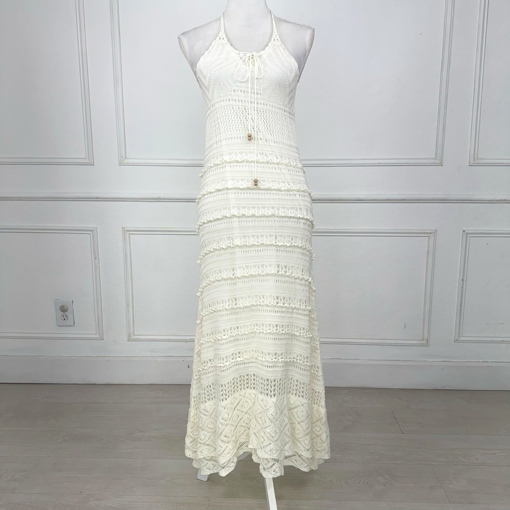 Solitaire Swim Crochet Halter Maxi Dress Cream Lace Boho Beach Vacation Small